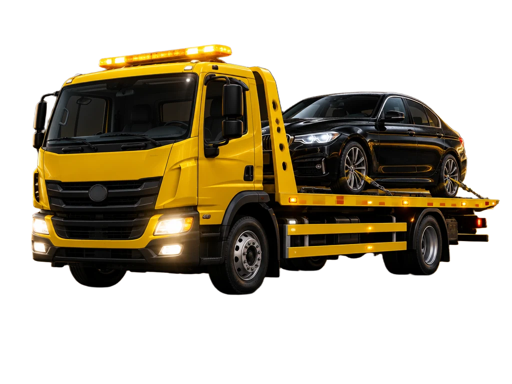 Carro attrezzi giallo con auto sul pianale, di notte