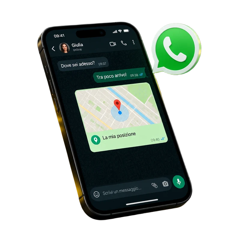 Telefono con chat WhatsApp e posizione condivisa